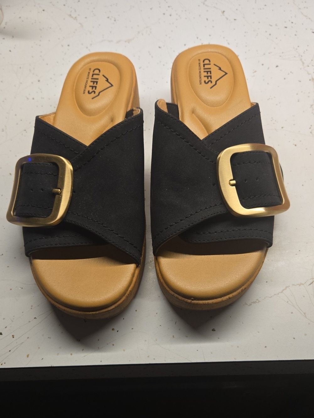 Cliffs by WHITE MOUNTAIN Black Slide Mules with Gold Buckle